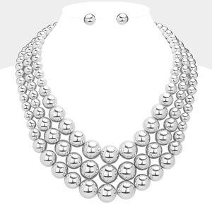 Silver Metal Ball MultiLayered Necklace Triple Layered Chunky Statement Beaded